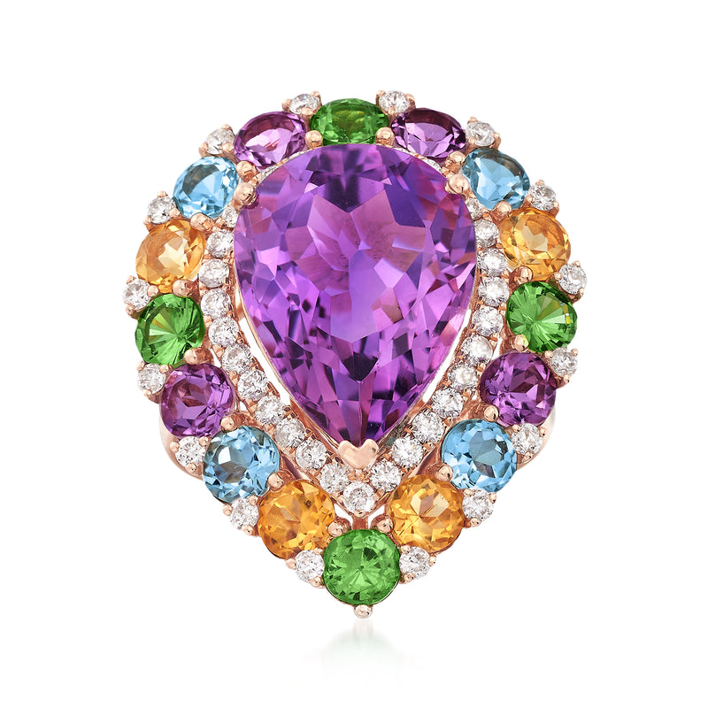 Amethyst teardrop halo multi-stone ring in 18k rose gold, purple center with colorful gems