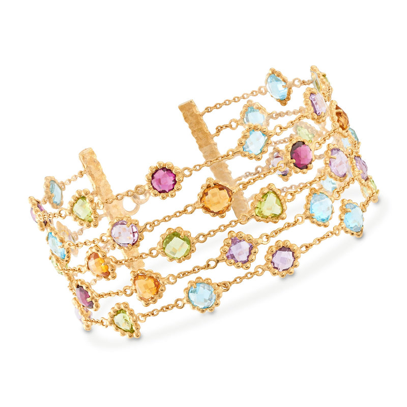 Gold-tone multi-row beaded bracelet with blue, purple, green, and orange gemstones