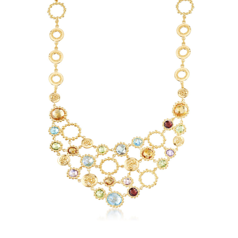 18kt yellow gold bib necklace with multicolor round gemstones