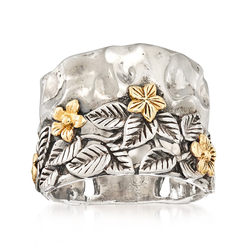 Sterling silver ring with engraved leaves and flowers, 14kt yellow gold accents