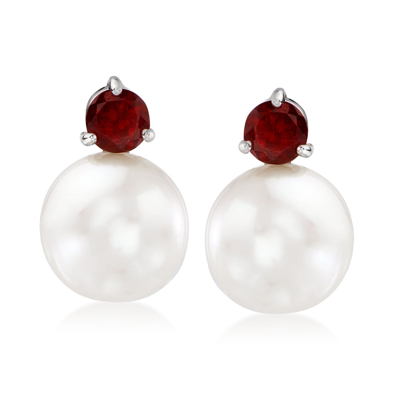 Sterling silver stud earrings with red garnet tops and white cultured pearl drops