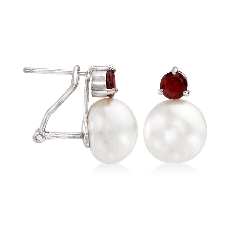 Sterling silver post earrings showing red garnet and large white cultured pearl