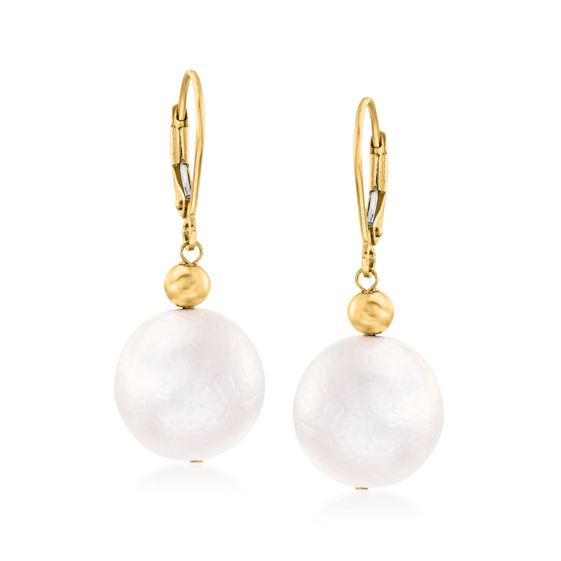 14kt yellow gold leverback drop earrings with white cultured pearl spheres