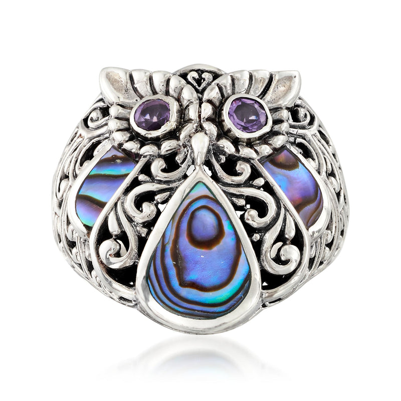 Sterling silver owl ring with purple amethyst stones and iridescent abalone shell