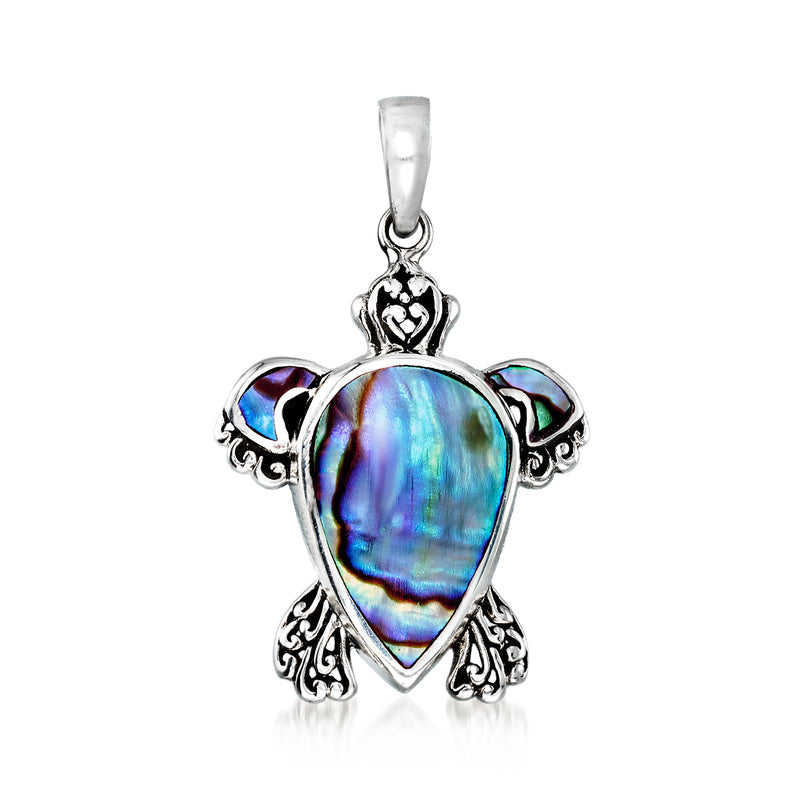 Sterling silver turtle pendant with iridescent abalone shell in a teardrop setting