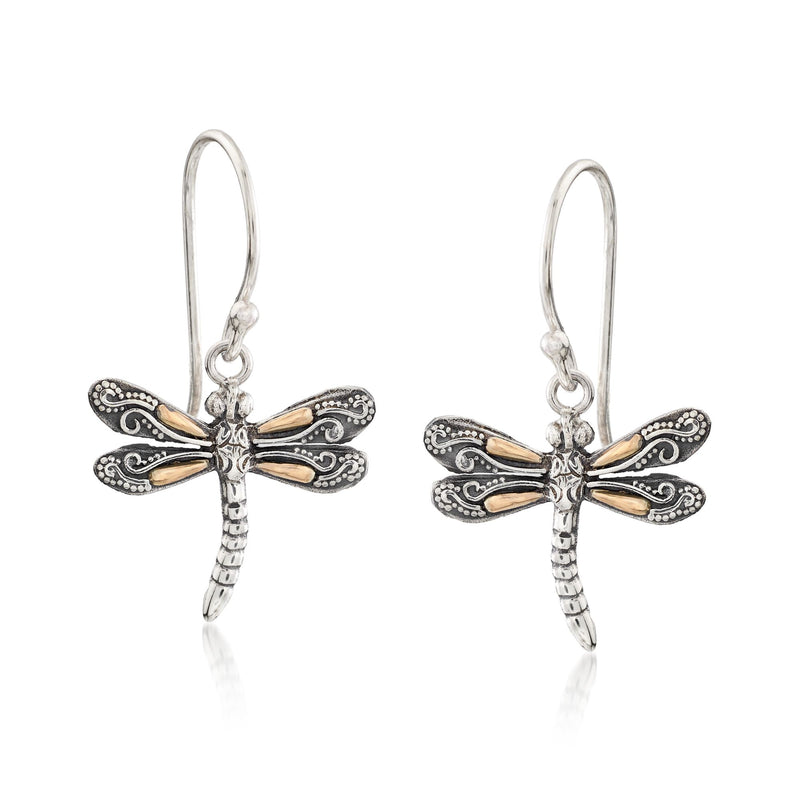 Dragonfly drop earrings in sterling silver with 18kt yellow gold accents