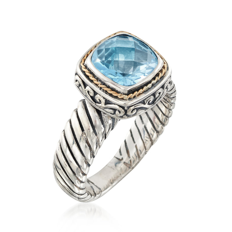 Two-tone sterling silver Bali-style ring with sky-blue square topaz bezel