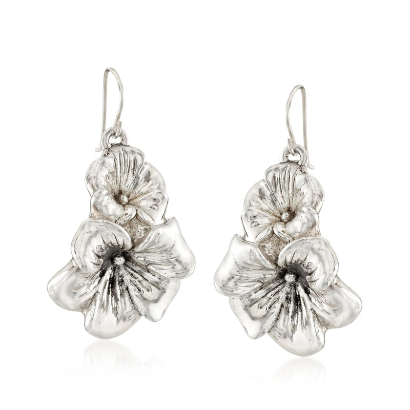Sterling silver flower duo drop earrings with earwire, embossed 3D floral design