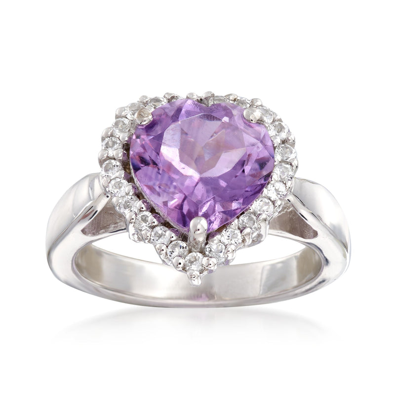 Sterling silver heart ring with purple amethyst center and white topaz halo