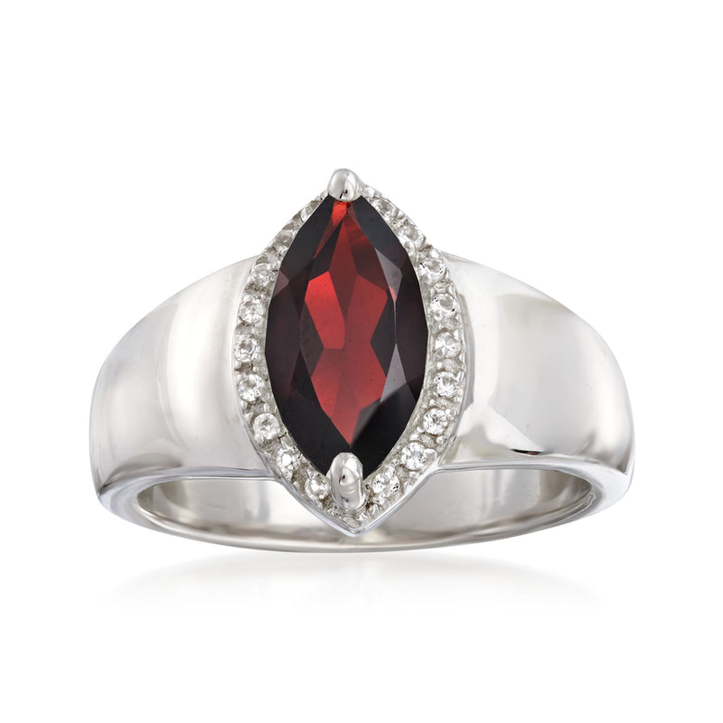 Sterling silver garnet ring with marquise red center stone and white topaz halo
