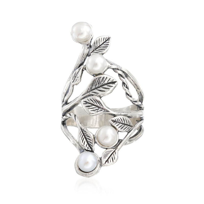 Sterling silver open leaf ring with white cultured pearls