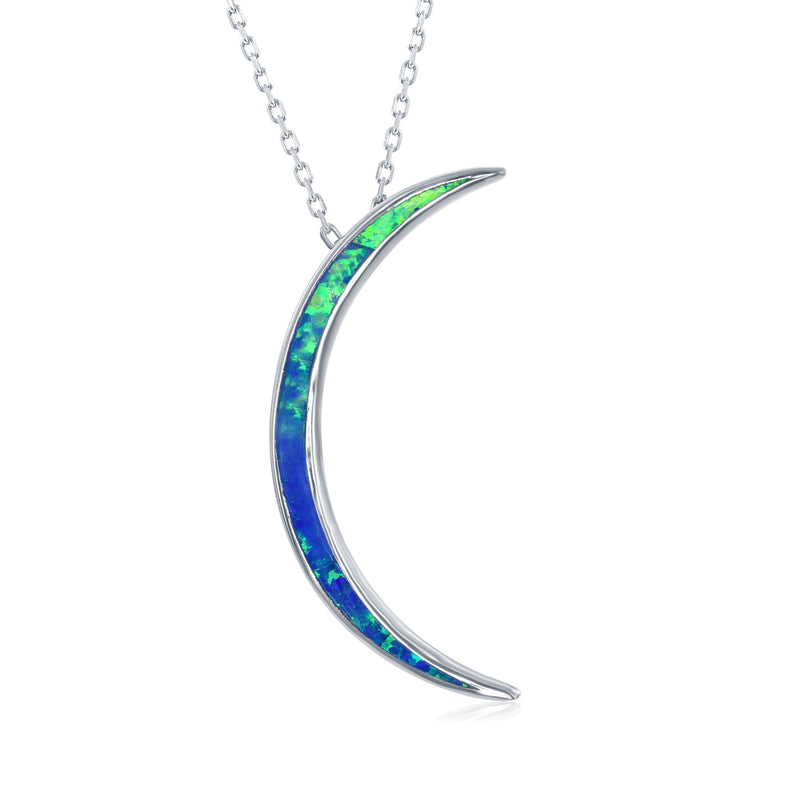 Sterling silver crescent moon pendant necklace with blue opal inlay on chain