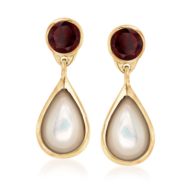 18kt yellow gold over sterling silver drop earrings with dark garnet and teardrop pearl