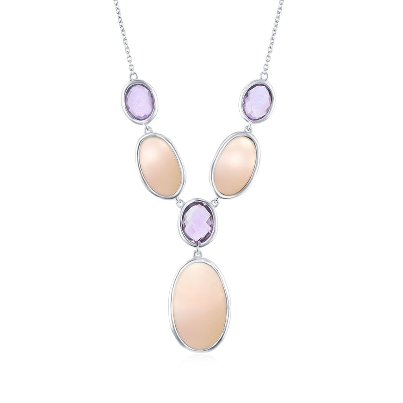 Sterling silver Y-necklace with oval mother-of-pearl drops and three round amethyst accents