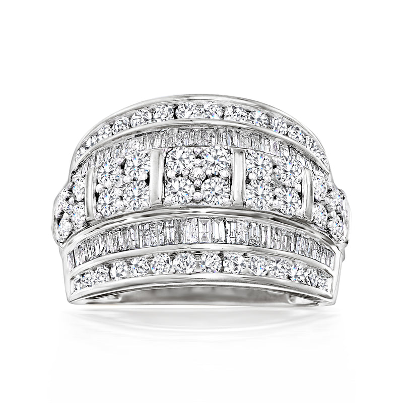 Sterling silver diamond multi-row ring with baguette and round stones, wide band