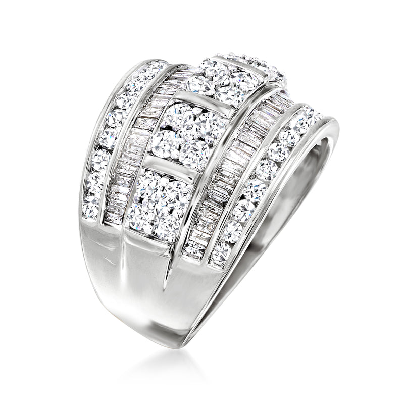 Sterling silver diamond multi-row ring, side view with baguette and round stone rows