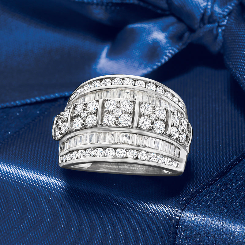 Sterling silver diamond multi-row ring with baguette and round stone bands