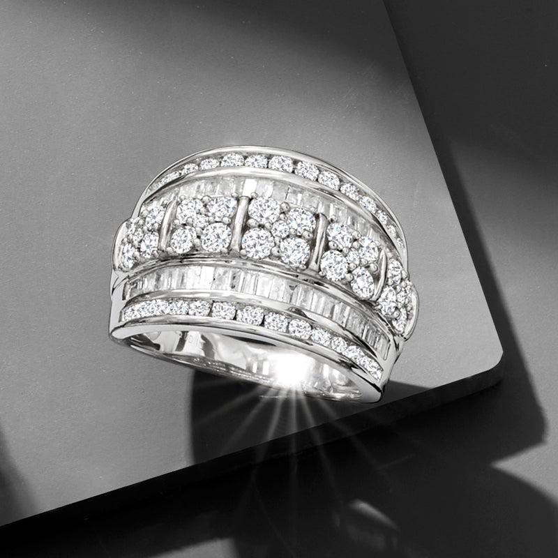 Sterling silver diamond multi-row ring with stacked baguette and round stone rows