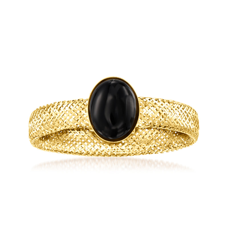 14kt yellow gold mesh ring with oval black onyx cabochon
