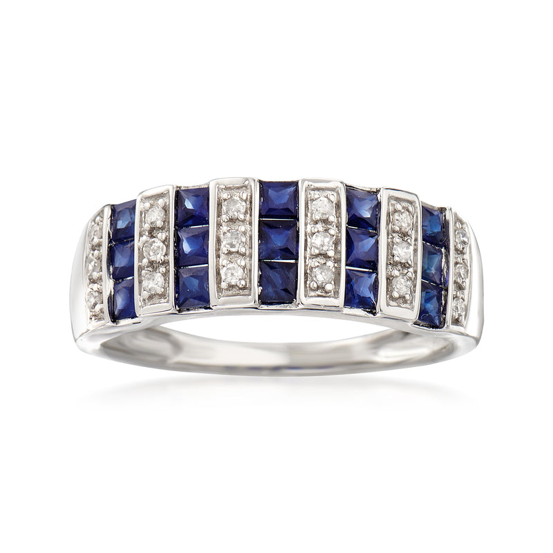 14kt white gold ring with alternating rectangular blue sapphire and diamond accents