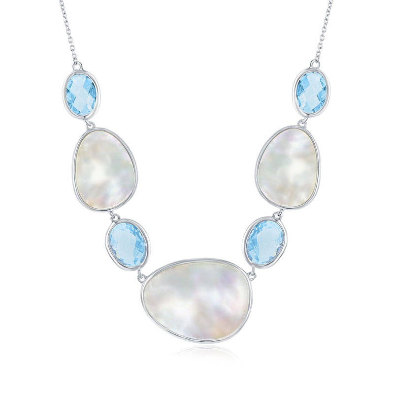 Sterling silver necklace with mother-of-pearl oval and sky blue topaz drops