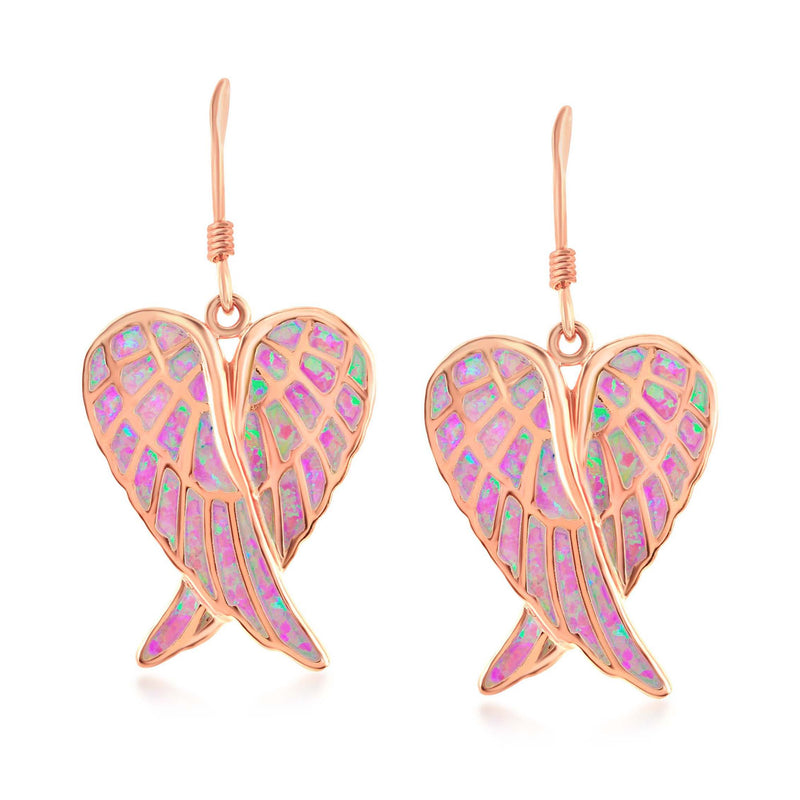 Rose gold over sterling drop earrings with pink opal angel wings, earwire style
