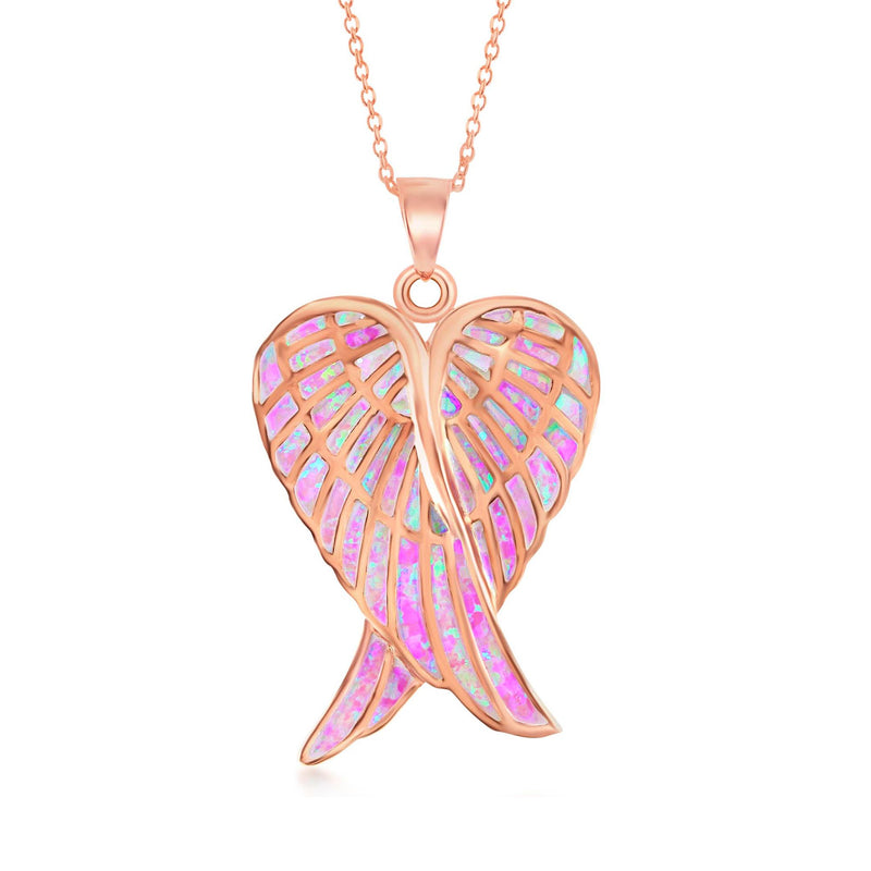 Rose gold angel wings pendant necklace with pink opal-style heart pendant and chain
