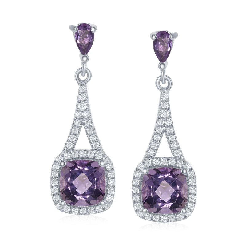 Sterling silver drop earrings with purple amethyst teardrop stones and pave halos