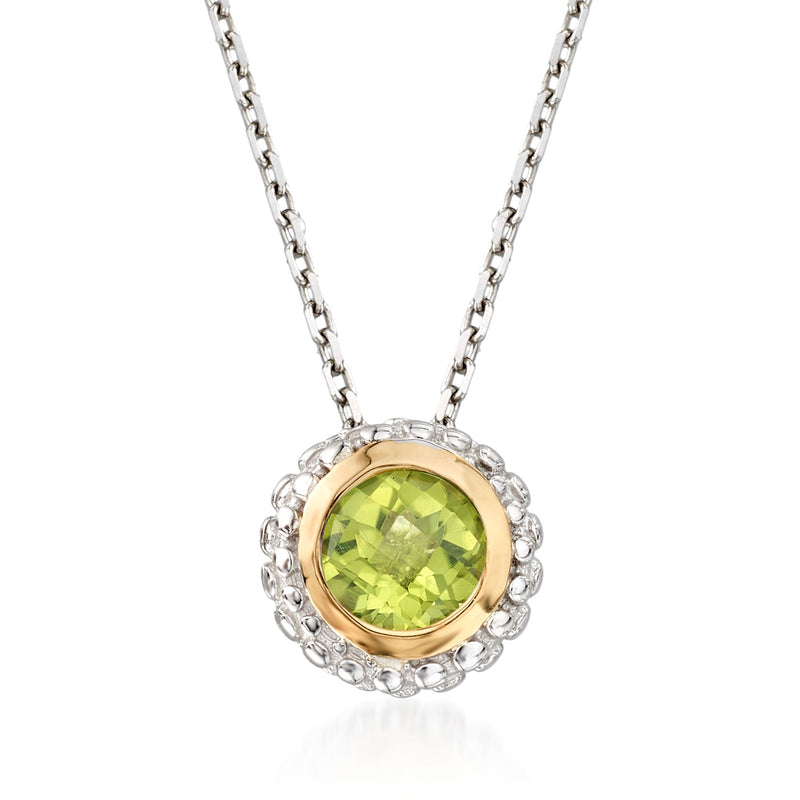 Peridot pendant necklace with round green stone, yellow-gold bezel, silver chain