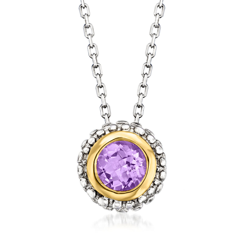Amethyst pendant necklace with round purple gemstone, sterling silver chain and yellow gold bezel