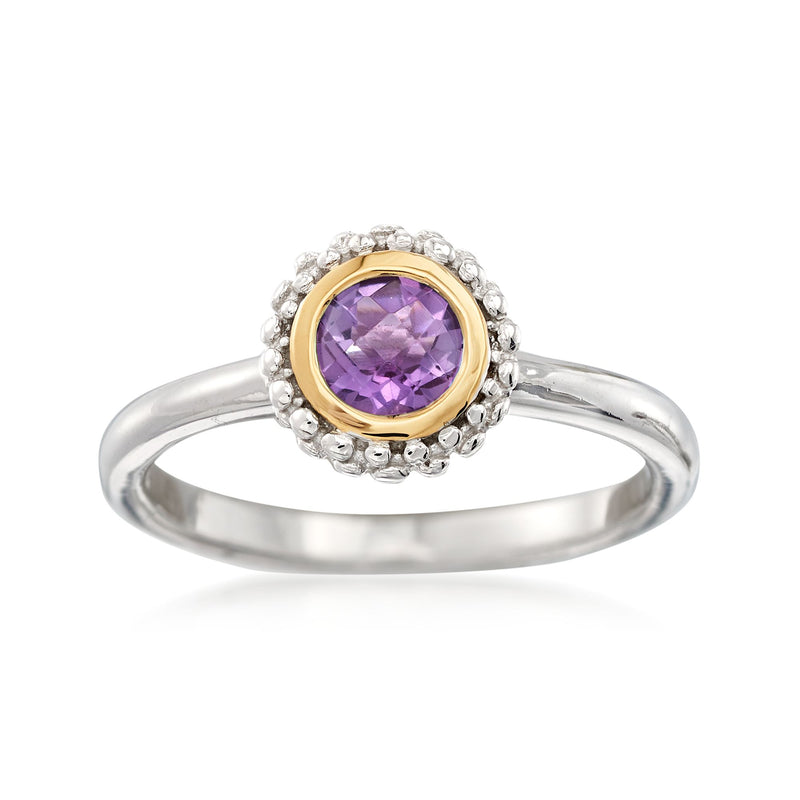 Amethyst ring in sterling silver with round purple gemstone and gold halo