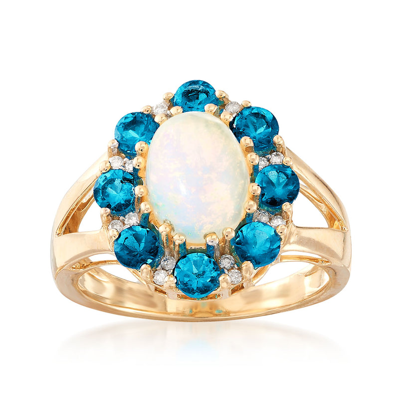 14kt yellow gold ring with oval opal center, blue stones, diamond accents