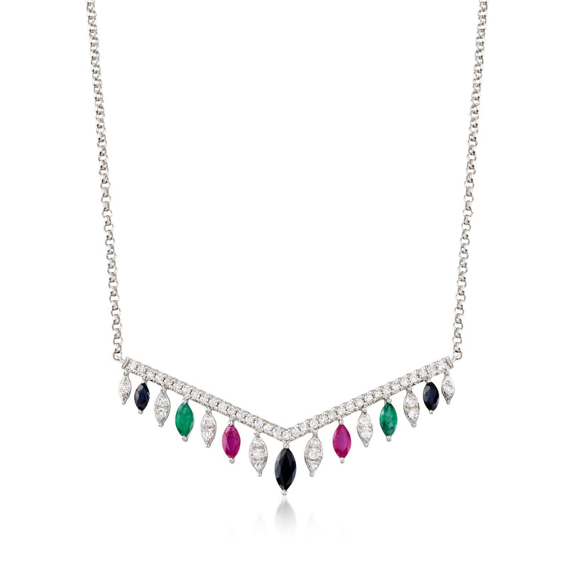 14kt white gold diamond and multi-gem pear-drop fringe necklace