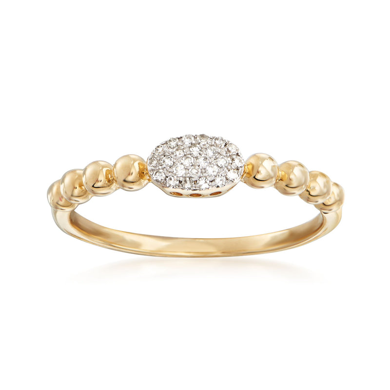 14kt yellow gold beaded ring with oval diamond halo centerpiece on top band