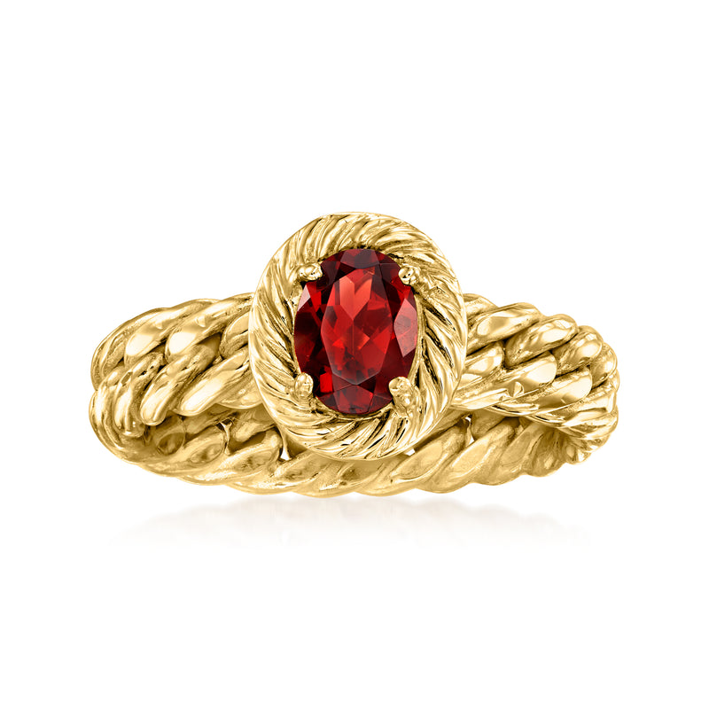 14kt yellow gold curb-link ring with oval red garnet in twisted halo