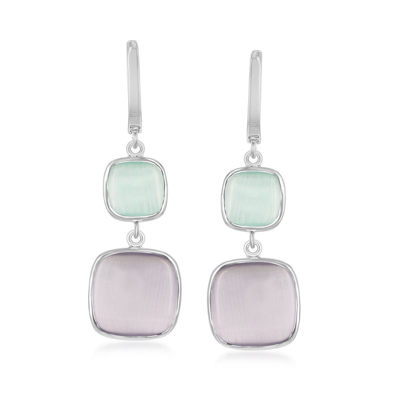 Sterling silver drop earrings with square green and purple glass tiers