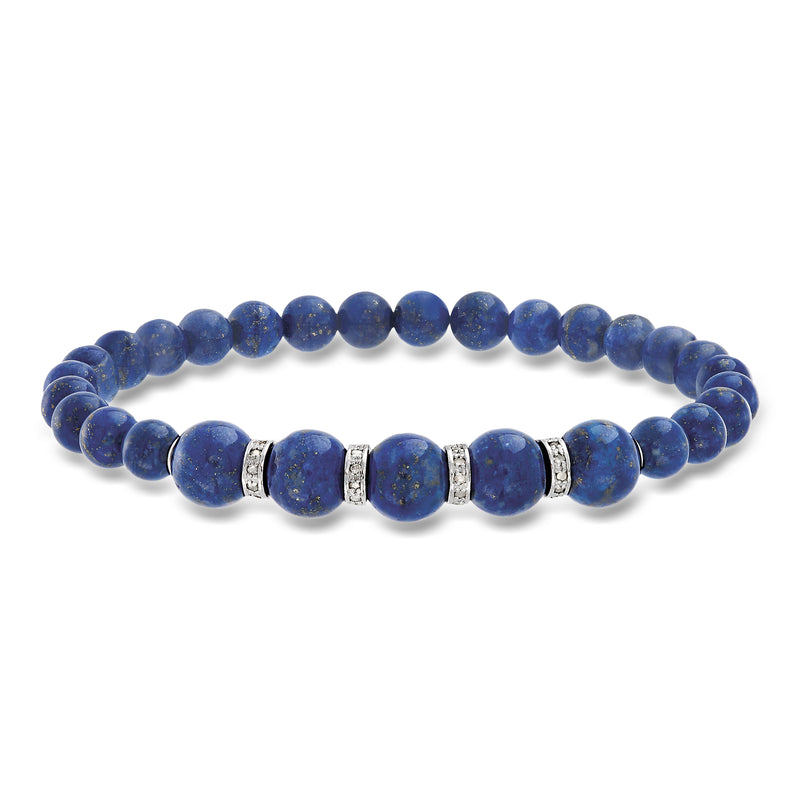 Lapis bead stretch bracelet with silver diamond-accent bead caps