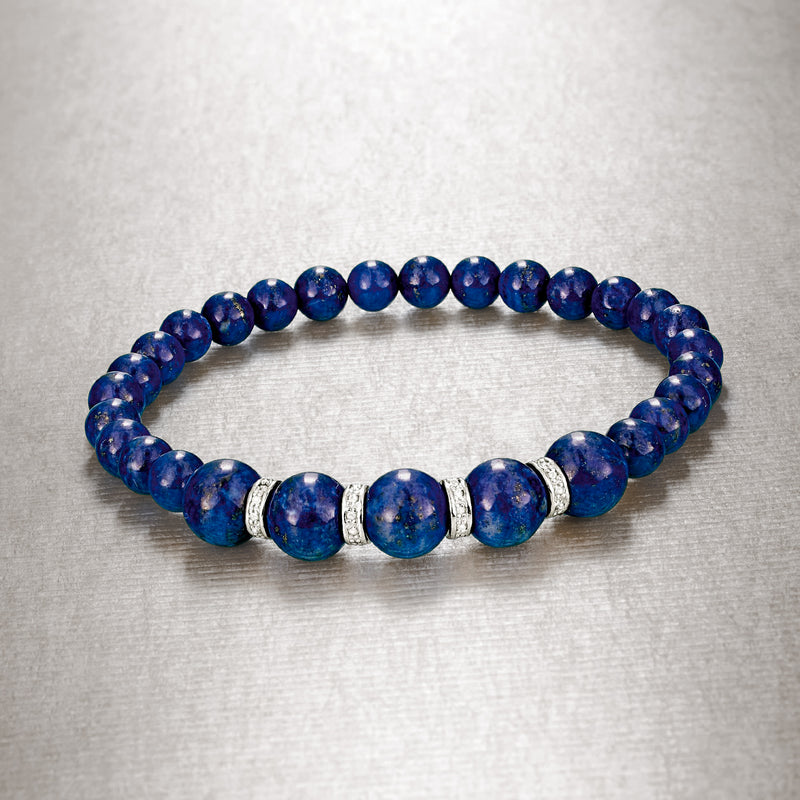 Lapis bead stretch bracelet with silver diamond-accent center beads
