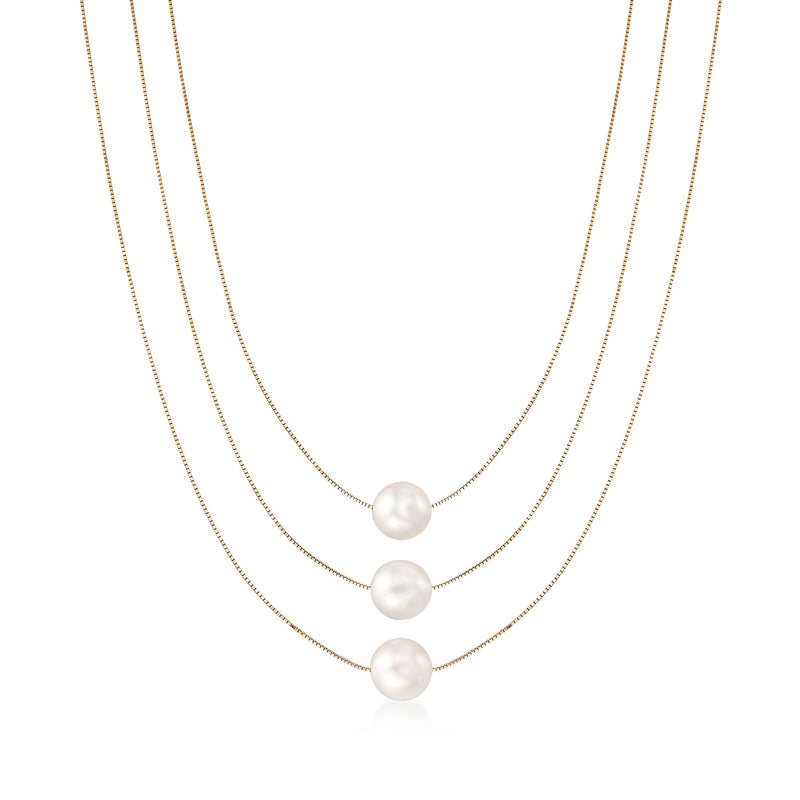 14kt gold three-strand cultured pearl tiered necklace with three white round pearls