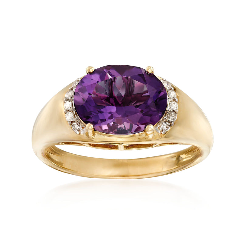 14kt yellow gold amethyst and diamond ring, oval purple gemstone with diamond side accents