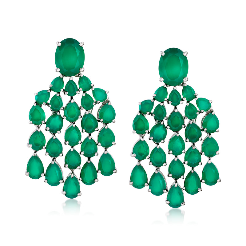 Sterling silver drop chandelier earrings with green oval stones, clustered tiers