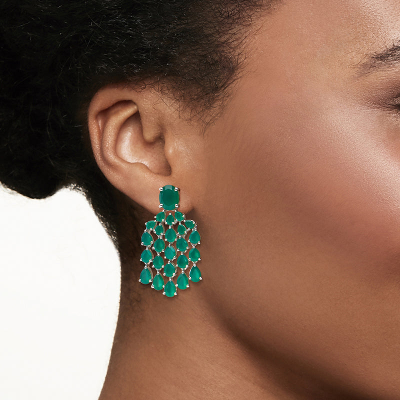Green oval-stone chandelier drop earrings in sterling silver, side view