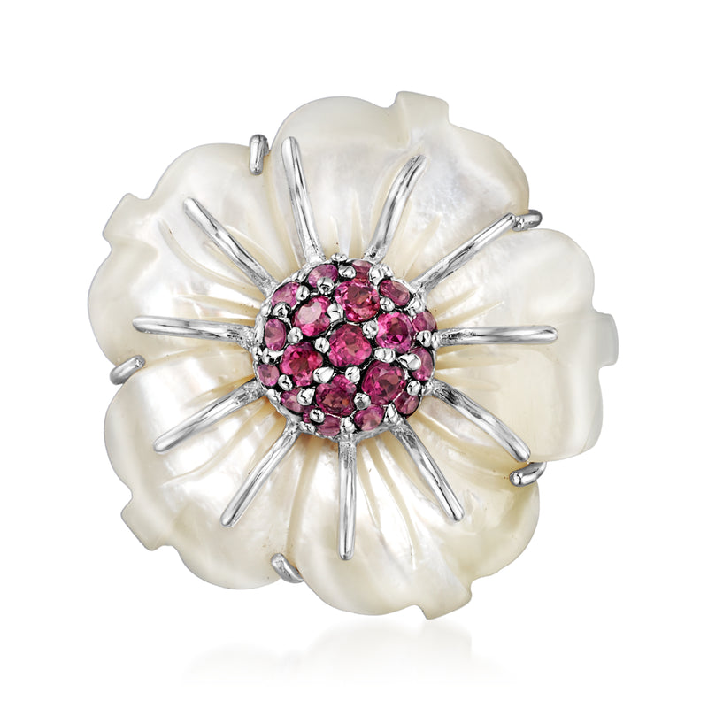 Mother-of-pearl flower pin with pink rhodolite garnet cluster and sterling silver prongs