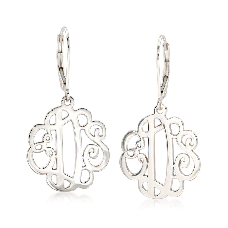 Sterling silver monogram drop earrings with leverback, round filigree medallion
