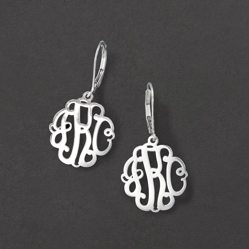 Sterling silver monogram drop earrings with leverback, openwork monogram circles