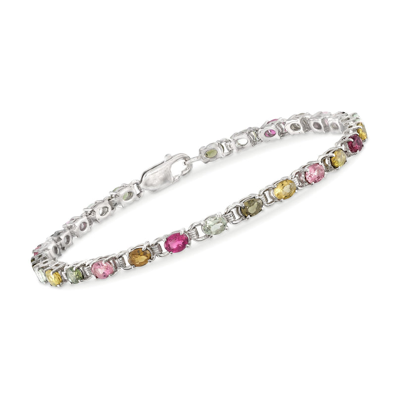 Multicolored tourmaline tennis bracelet in sterling silver with oval mixed-gem stations