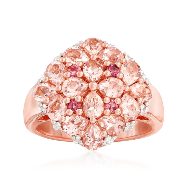 Rose gold cluster ring with oval peach-pink gems and small purple accents