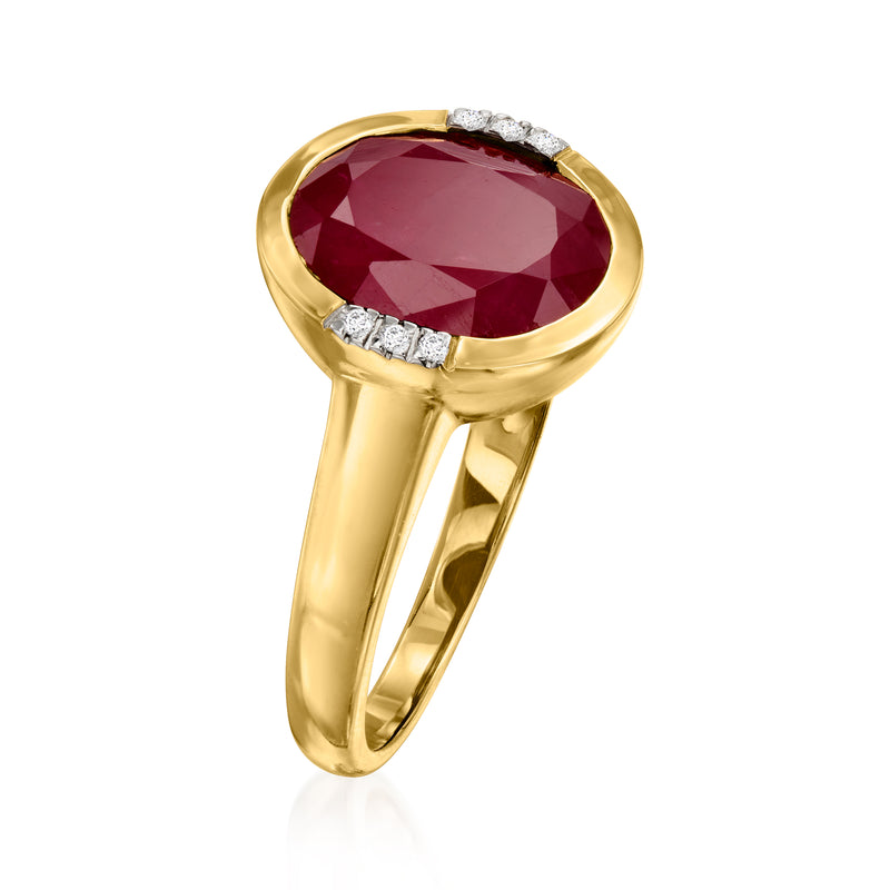 Oval ruby ring with diamond side accents, 14kt yellow gold prong setting
