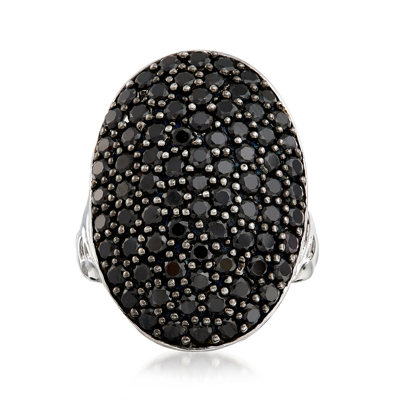 Oval black spinel cluster ring in sterling silver, dark stone halo setting