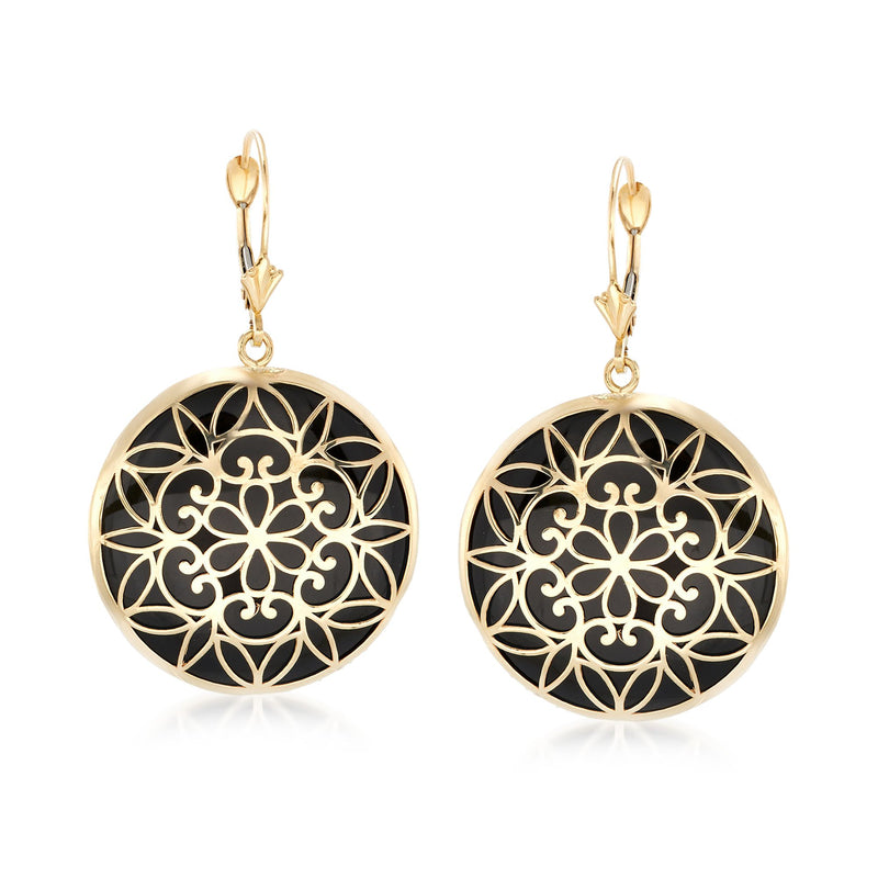Round leverback drop earrings with dark onyx-like center in yellow gold filigree
